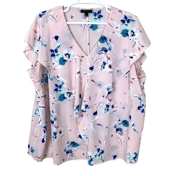 Lane Bryant Womens 28 Blouse Short Sleeve Pink Floral Ruffle V Neck Work Office - Picture 1 of 13